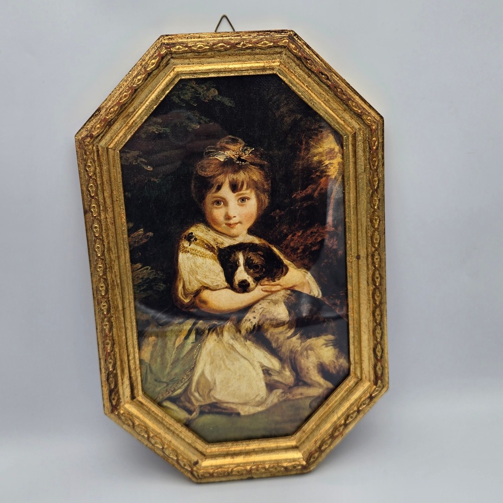 Vintage Florentine Octagonal Framed Girl with Dog Portrait Art Print Wall Decor